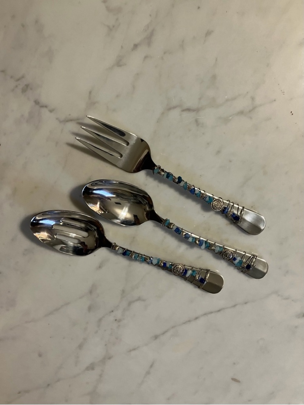 Beaded Handle Stainless Steel Serving Spoon and Fork Set - Blue Accent